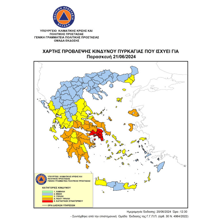 Ο Δήμος Λαυρεωτικής σας ενημερώνει ότι σύμφωνα με το Χάρτη Πρόβλεψης Κινδύνου Πυρκαγιάς που εκδίδει η Γενική Γραμματεία Πολιτικής Προστασίας (www.civilprotection.gr), για αύριο ΠΑΡΑΣΚΕΥΗ 21/06/24, προβλέπεται ΑΚΡΑΙΑ ΚΑΤΑΣΤΑΣΗ ΣΥΝΑΓΕΡΜΟΥ πυρκαγιάς κατηγορία (5) για την Περιφερειακή Ενότητα Ανατολικής Αττικής.
